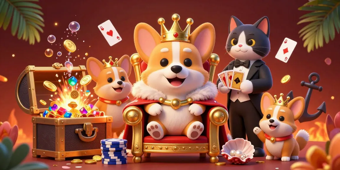 Illustration de casino en ligne en France : Corgi royal entouré de jetons de poker, d'un chat majordome et d'explosions de pièces d'or.