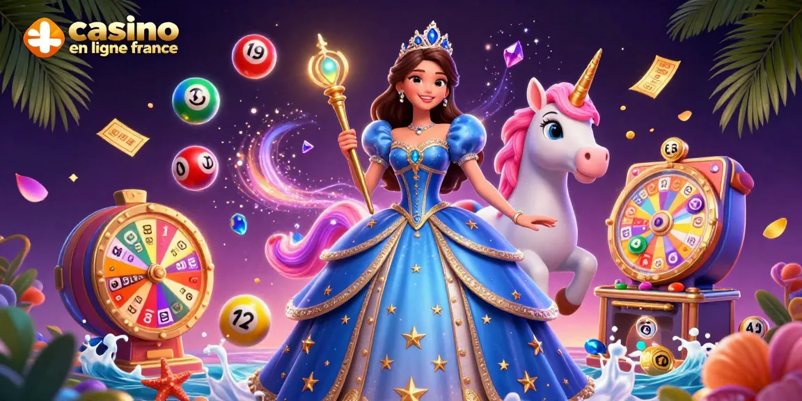Découvrez la magie des casinos en ligne France avec une scène glamour de personnages enchanteurs et d'éléments de jeu.