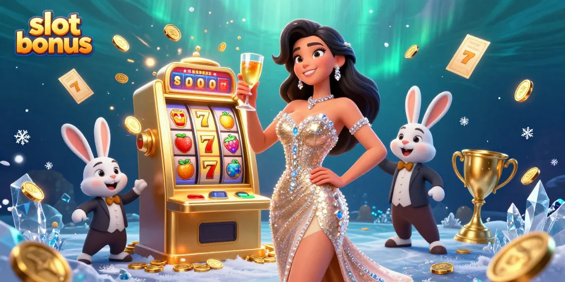 Experience the excitement of a slot bonus with a glamorous lady celebrating by a jackpot slot machine.