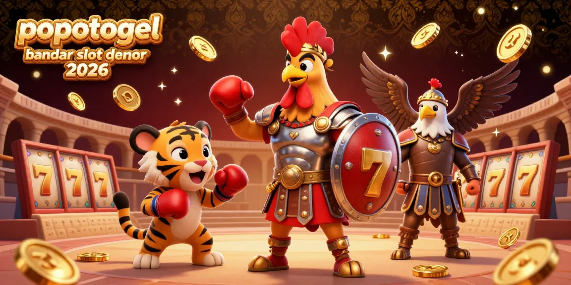 Engage with popotogel bandar slot demo gacor 2026 in a dynamic casino scene featuring a gladiator rooster, sparring tiger cub, and slot elements.