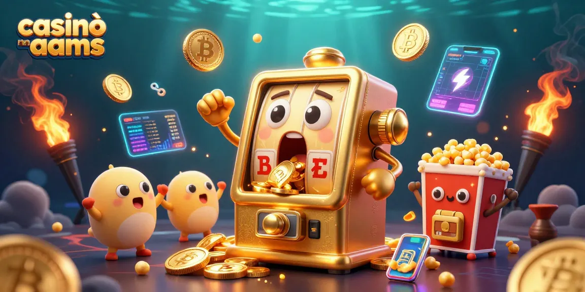 Il casinò non AAMS presenta una slot machine dorata che vince, circondata da monete e personaggi divertiti.