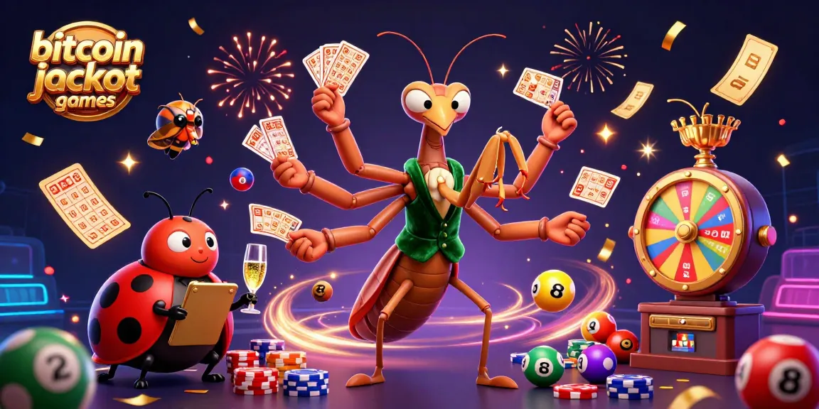 Experience thrilling bitcoin jackpot games with a vibrant casino scene filled with lively characters and dynamic action elements.