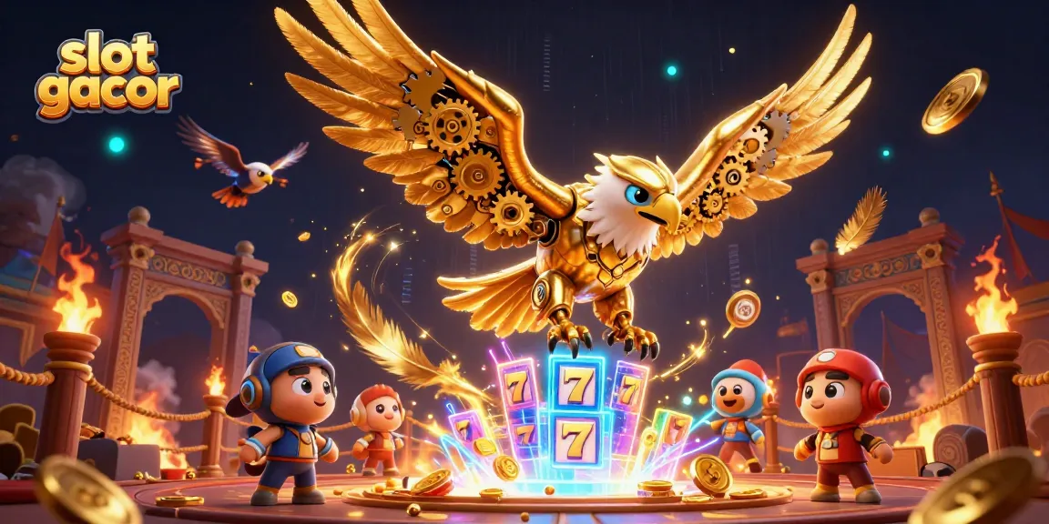 Experience thrilling slot gacor action as a golden eagle dives through holographic slot reels.