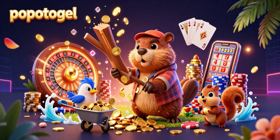 Experience popotogel with a vibrant 3D scene of a beaver and friends surrounded by casino elements.