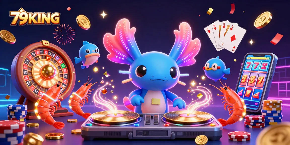 Spin to win with 79KING's vibrant casino scene featuring neon-colored characters and dazzling game elements.
