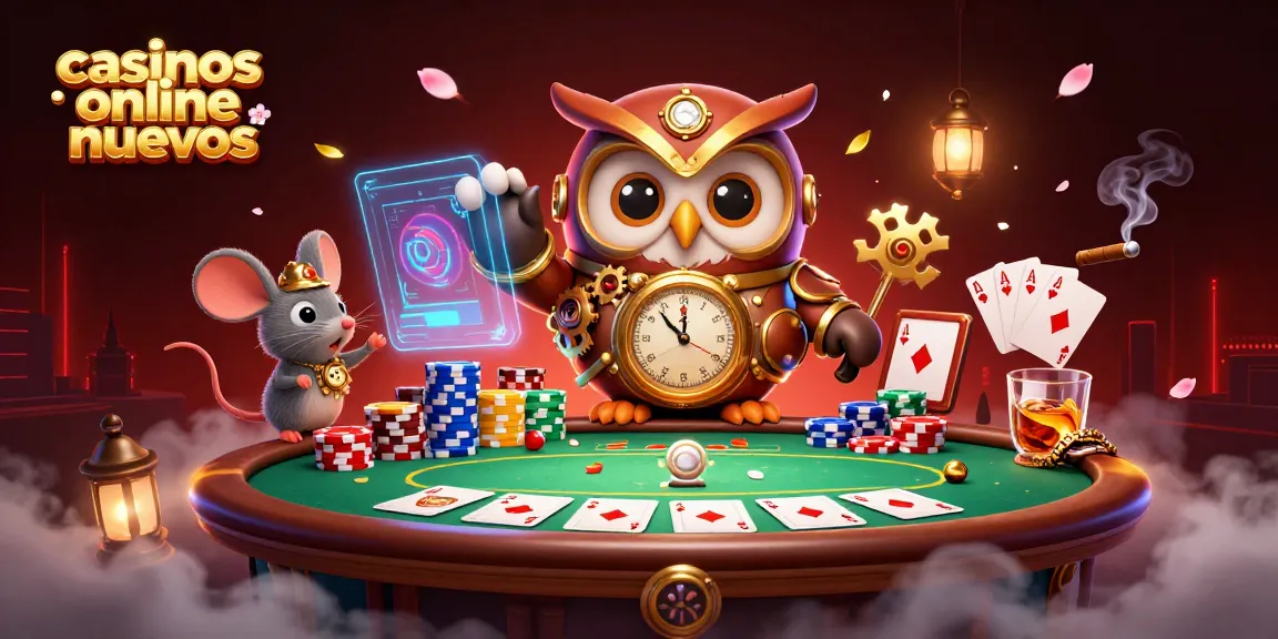 Casino online nuevos: ilustración 3D mostrando un búho viajero con elementos de casino y juegos de azar.