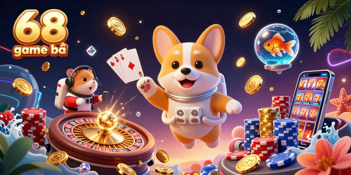 Experience excitement with 68 game bài in a vibrant casino scene filled with floating poker chips and golden coins.