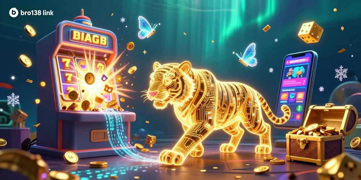 Experience the thrill of the bro138 link with a vibrant digital casino scene featuring a glowing tiger and jackpot excitement.