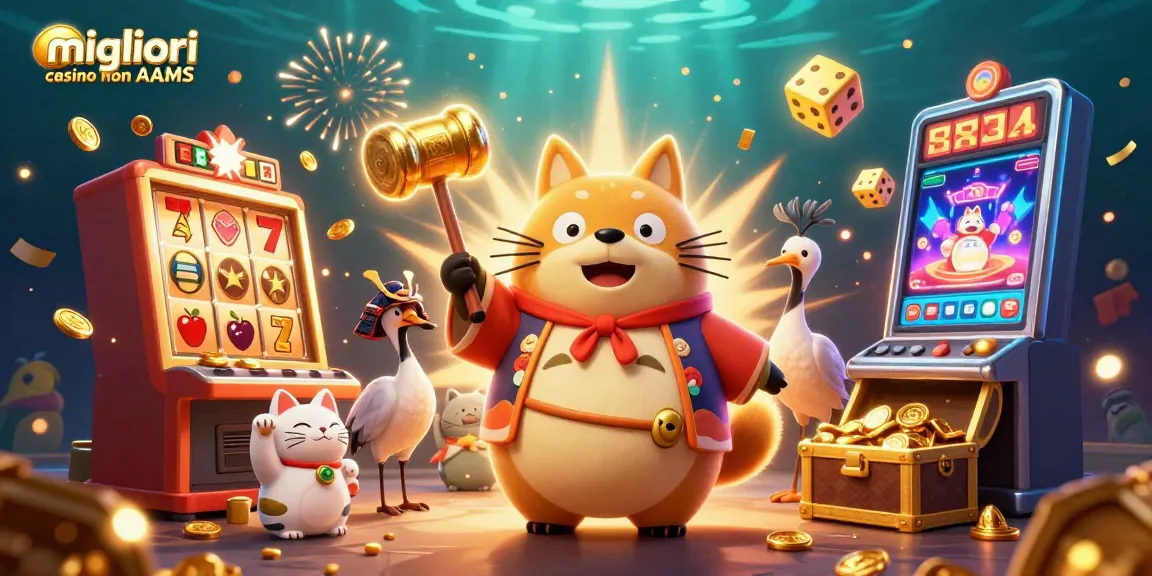 Gioca ai migliori casino non AAMS con slot machine e simboli fortunati ambientati in un'illustrazione 3D accattivante.