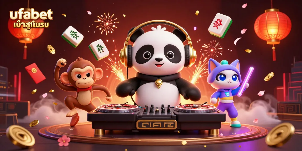 Experience the excitement of ufabet เข้าสู่ระบบ with a lively 3D casino scene featuring vibrant characters and dynamic gambling elements.