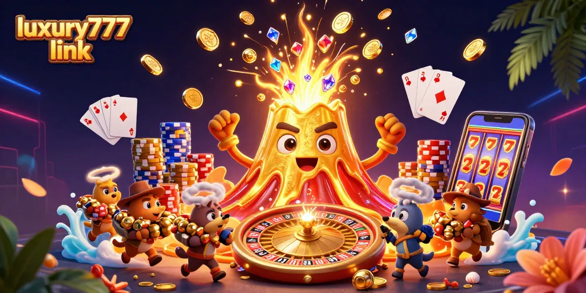 Experience the thrill of gambling with the luxury777 link, featuring a golden volcano and treasures.