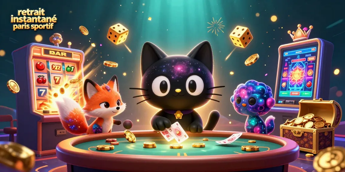 Visualiser le retrait instantané paris sportif avec un chat noir cosmique attirant des jetons et des cartes dans un casino animé.