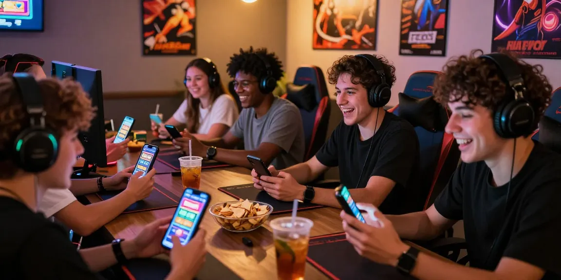 Deposit pulsa tanpa potongan players enjoying thrilling slot games in a lively gaming lounge.