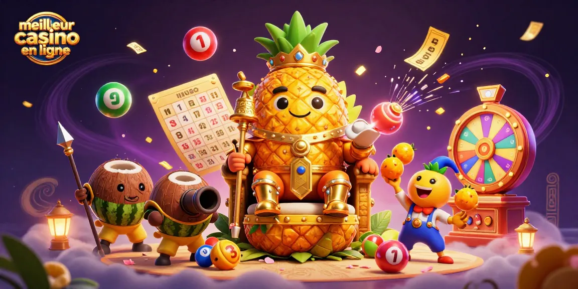 Illustration d'un meilleur casino en ligne avec le roi ananas et des éléments de loterie colorés.