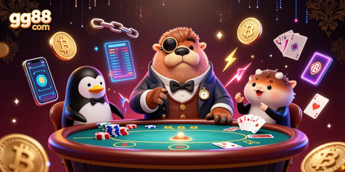 Engage with poker excitement at gg88 com, featuring a walrus, penguin dealer, and bluffing pufferfish in a vibrant scene.