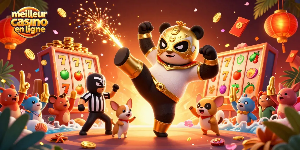 Découvrez le meilleur casino en ligne avec un panda lutteur cartoon et des éléments de jeu captivants.