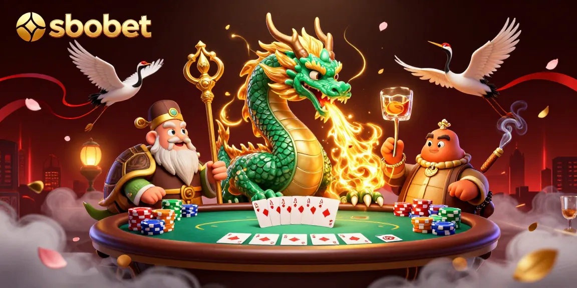 Enhance your sbobet gaming with an engaging 3D scene featuring vibrant poker elements and mythical characters.