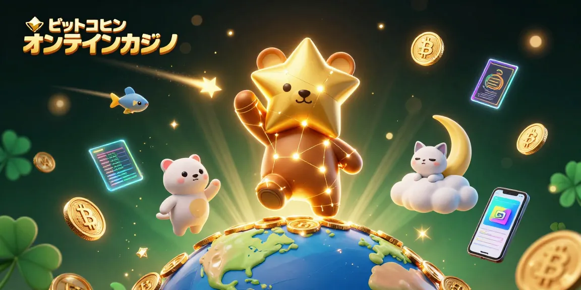 ビットコイン オンラインカジノで遊ぶシーンを描いた3Dイラスト。星のクマと魚、月の猫が共演。