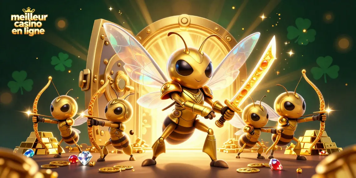 Illustration artistique du meilleur casino en ligne montrant un insecte géant et des archers en armure d'or.