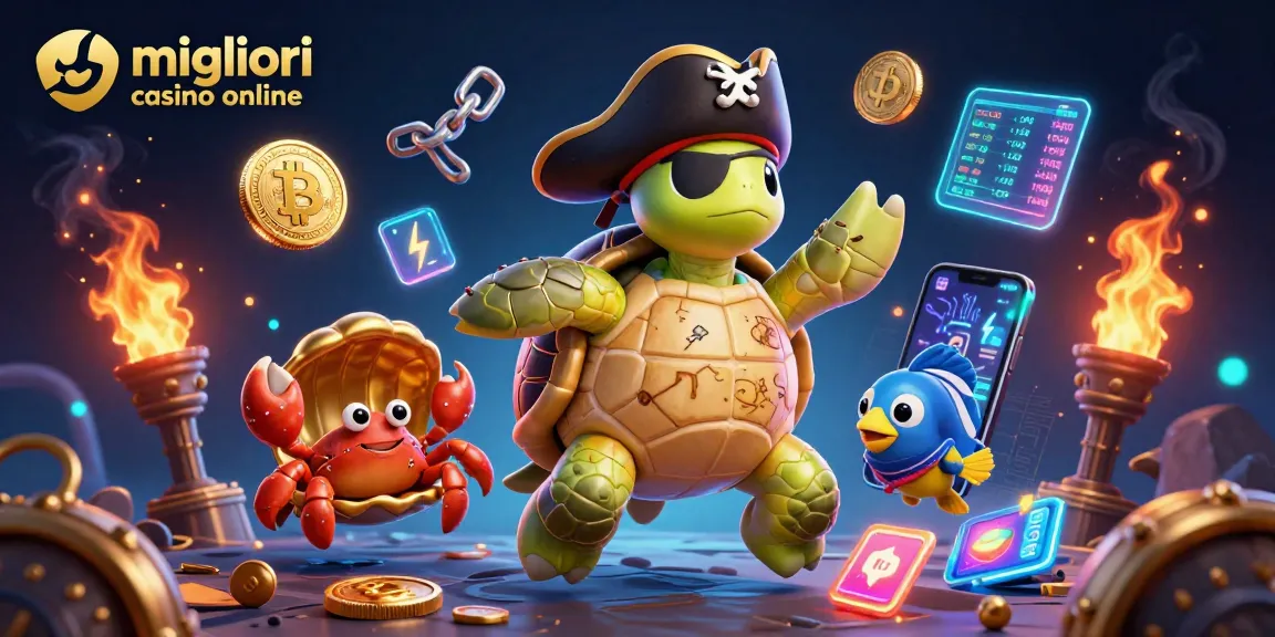 Scopri i migliori casino online con una tartaruga pirata immersa in tesori e criptovalute luminescenti.
