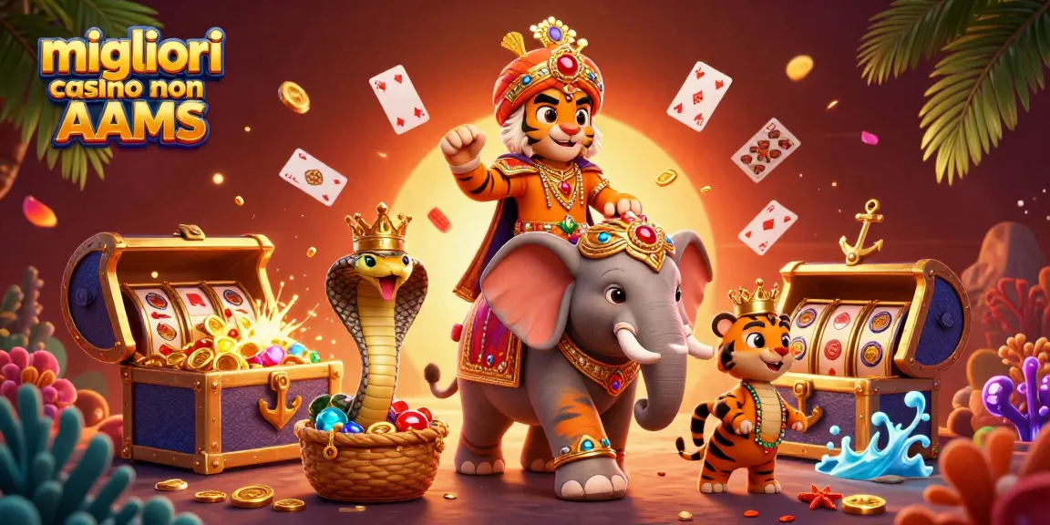 Migliori casino non AAMS mostrano una vivace scena 3D con maharaja tigre, elefante e elementi da casino.
