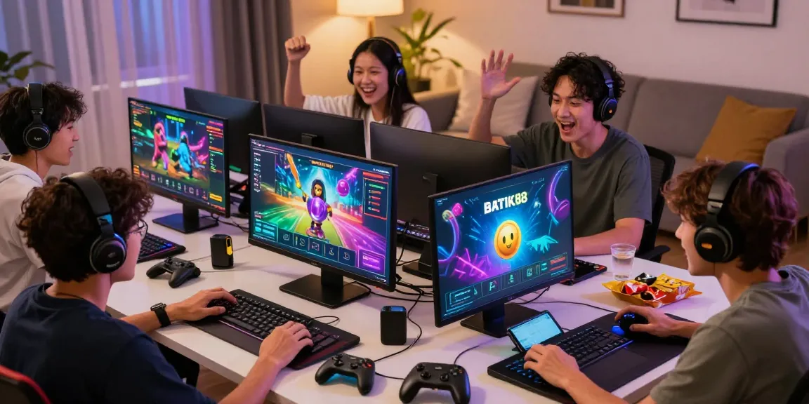Pengguna BATIK88 merayakan kemenangan di ruang tamu modern dengan peralatan gaming.