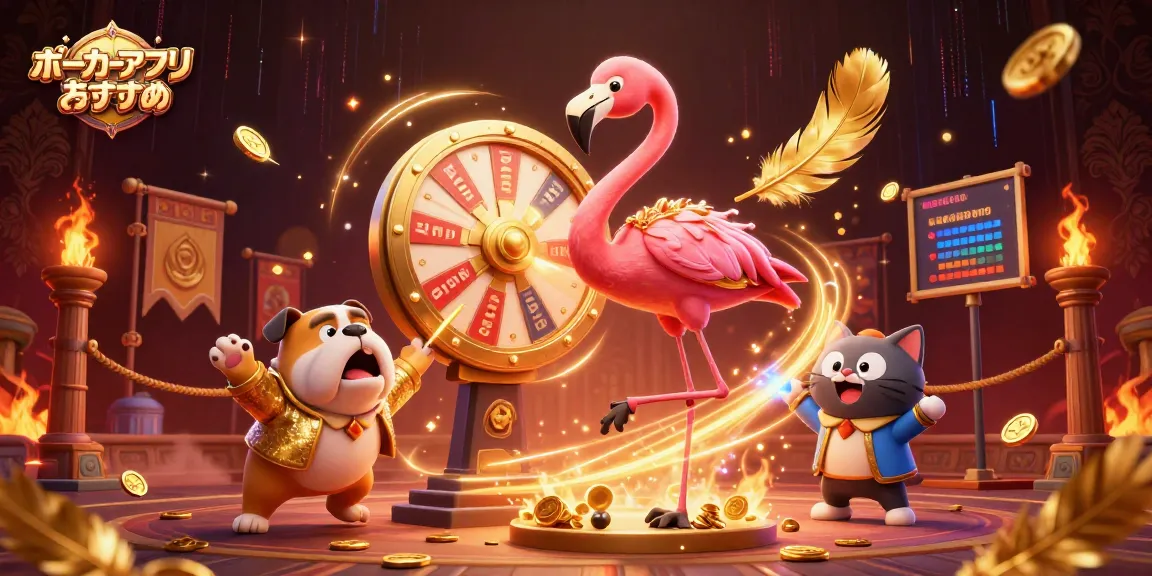 ポーカーアプリ おすすめの魅力を伝える3Dイラスト。フラミンゴのホストとバウルドッグが盛り上がるシーン。