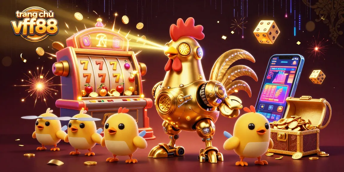 Engage in vibrant gameplay with the dynamic scene of trang chủ vff88 featuring a golden rooster robot amid casino chaos.