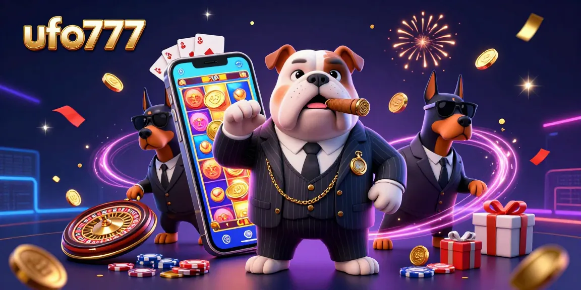 Engage with ufo777's vibrant slot games in a packed scene with a mafia bulldog and bodyguards