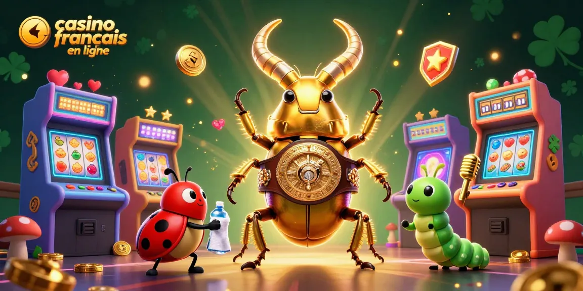 Jouez avec les machines à sous dans un casino français en ligne animé avec un scarabée champion et des éléments colorés.