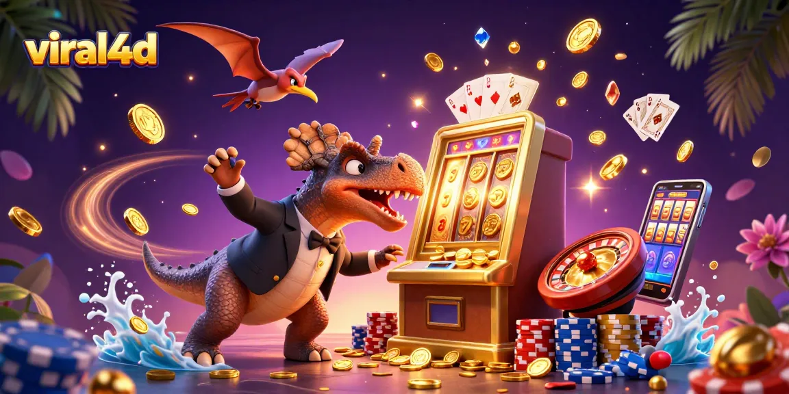 viral4d menghadirkan momen seru, dinosaurus menang jackpot di kasino dengan koin emas berterbangan
