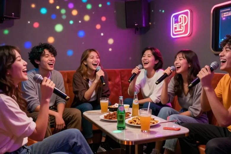 Enjoying a fun evening at 강남노래방 with friends singing and celebrating together.