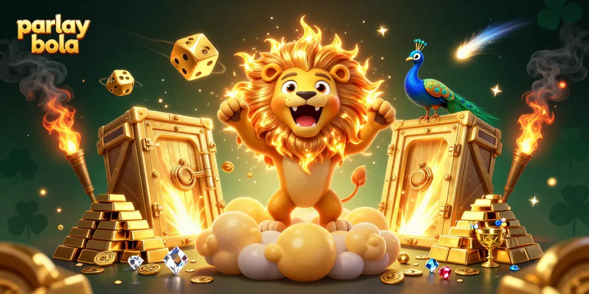 Engage in thrilling parlay bola betting with a radiant lion and dazzling treasures in this vibrant 3D art.