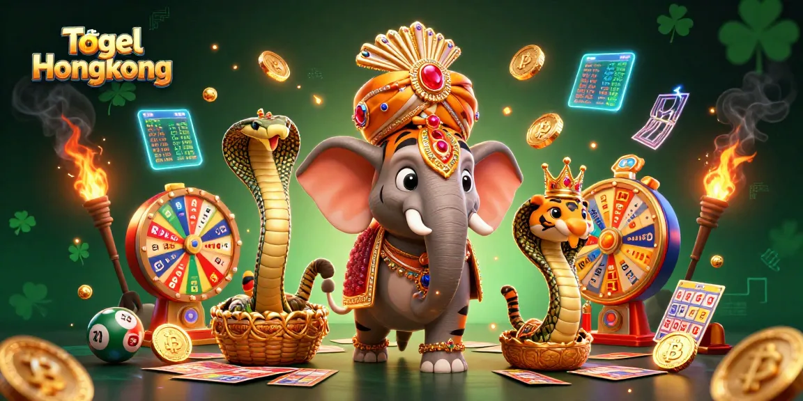 Togel Hongkong excitement illustrated with a tiger maharaja, elephant, and vibrant lottery elements.