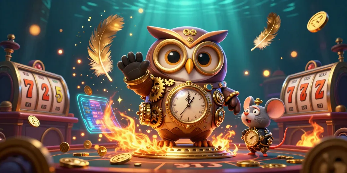 A thrilling BRO138 alternatif experience with a time-traveler owl and vibrant casino action.