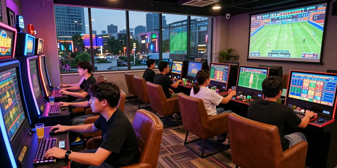 Exciting gaming experience at 鉅城娛樂城 with players enjoying live sports betting and digital slot machines in a vibrant lounge atmosphere.