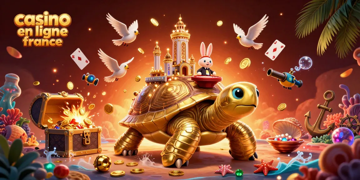 Illustration d'un casino en ligne France en 3D avec une tortue dorée géante et un palais de casino sur sa carapace.