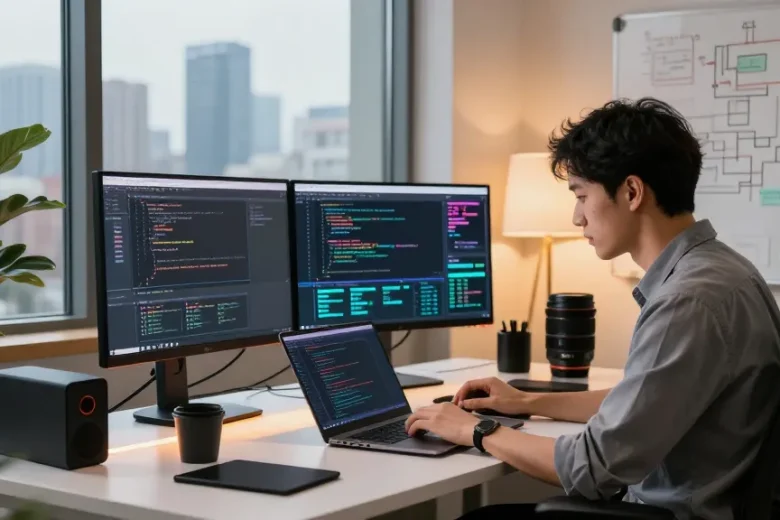 Developer coding on dual monitors with vibrant data visuals and city skyline view, showcasing NAGA2000 technology.