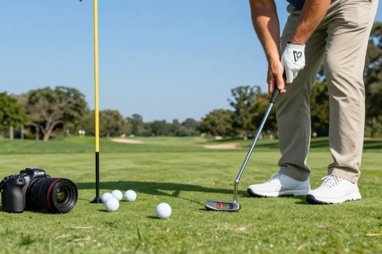 Dalam konteks https://puttperfection.com/putter-reviews, seorang penggolf berlatih pukulan putting dengan putter premium di lapangan golf.