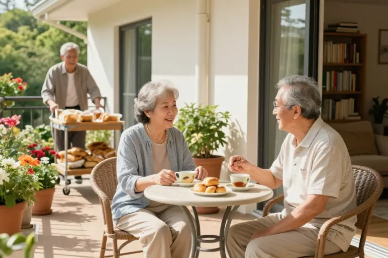 Discover this page's welcoming community living space scene with an elderly couple enjoying tea on their sunny balcony.