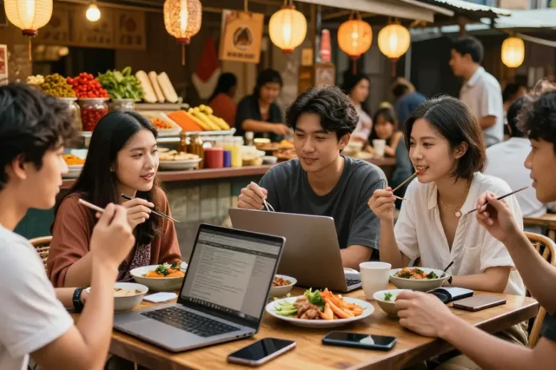 Friends indulging in Asian cuisine while discussing articles from https://hanadultalk.com in a vibrant market setting