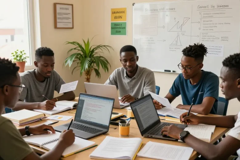 Students collaborating in a study session for 2026 ijmb runz, with textbooks and laptops.