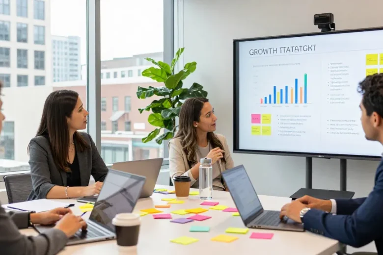 Spokane marketing team brainstorming strategies in a modern office.