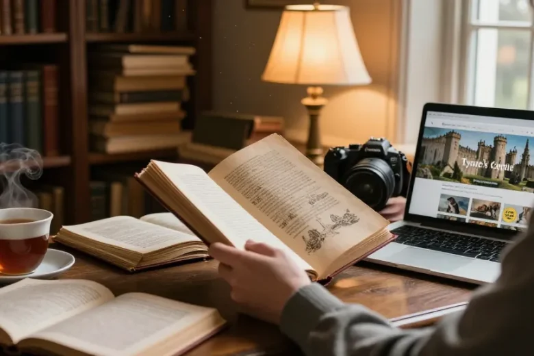 Explore the rich historical content at https://tyntescastle.com in a cozy library setting.