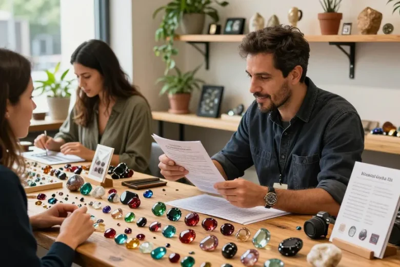 Explore quality gems at https://www.mygemspot.com with expert merchants showcasing vibrant gemstones in a welcoming marketplace.