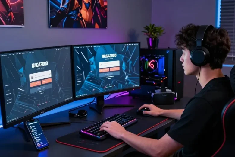 NAGA2000 LOGIN on multiple screens in an immersive gaming setup.